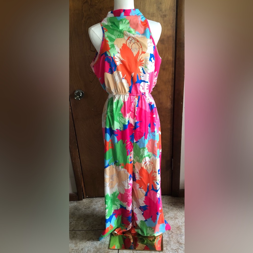 Women’s Colorful Floral Jumpsuit Romper High Neck Open Back